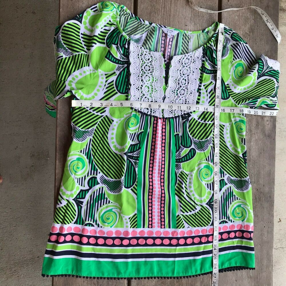 crown & ivy Womens Blouse Size Small Pink Navy Green White Lace Peasant Preppy - Picture 6 of 10